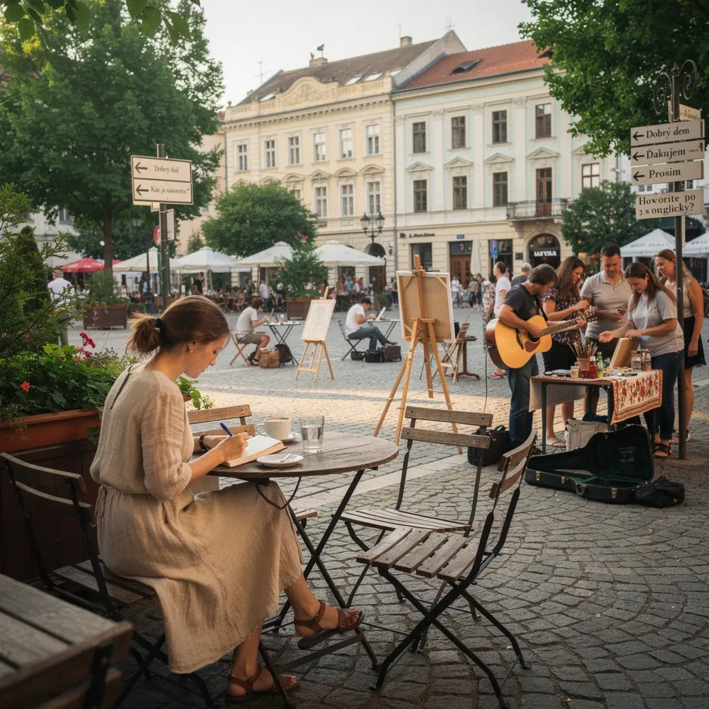 A group of tourists enjoying a walking tour, listening to a local guide sharing stories about Slovak history and culture.